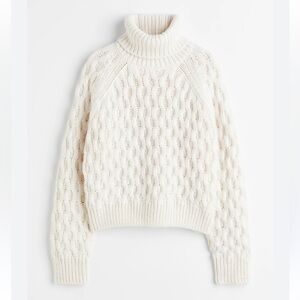 New H&M Cream Cable Knit Cropped Turtleneck Sweater Size Small Wool Blend